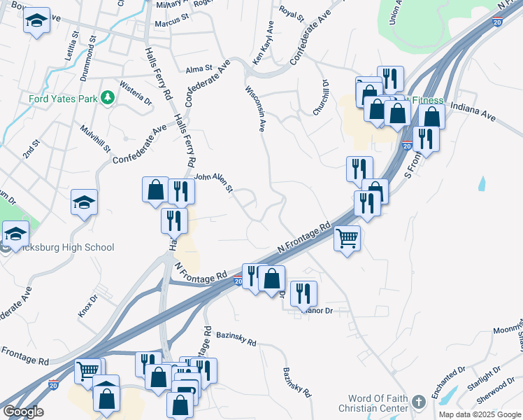 map of restaurants, bars, coffee shops, grocery stores, and more near 215 Harriet Avenue in Vicksburg
