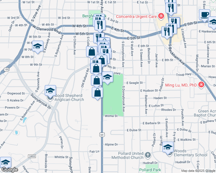 map of restaurants, bars, coffee shops, grocery stores, and more near in Tyler