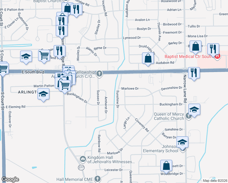 map of restaurants, bars, coffee shops, grocery stores, and more near 4226 Sunshine Drive in Montgomery