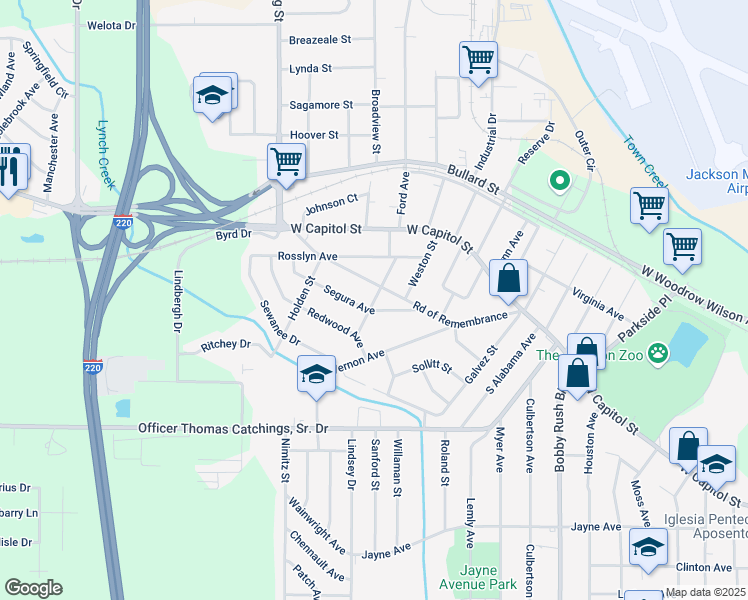 map of restaurants, bars, coffee shops, grocery stores, and more near 504 Road of Remembrance in Jackson