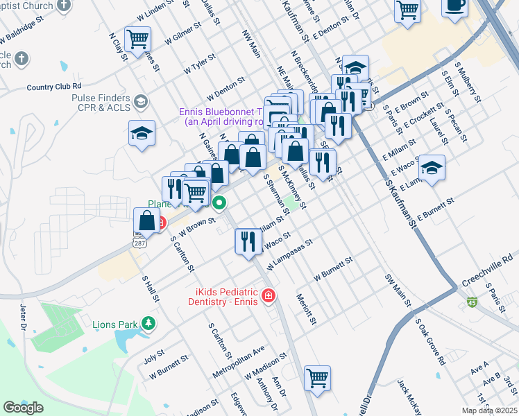 map of restaurants, bars, coffee shops, grocery stores, and more near 409 West Brown Street in Ennis