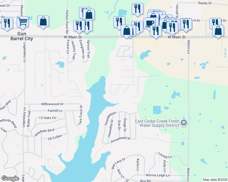 map of restaurants, bars, coffee shops, grocery stores, and more near 139 West Merry Way in Gun Barrel City