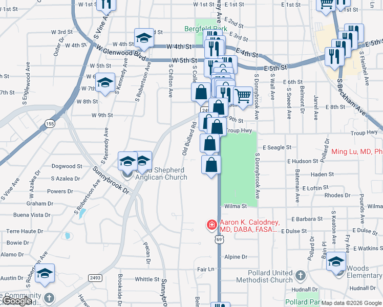 map of restaurants, bars, coffee shops, grocery stores, and more near 2224 Old Bullard Road in Tyler