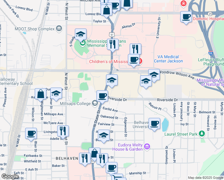 map of restaurants, bars, coffee shops, grocery stores, and more near 1900 North State Street in Jackson