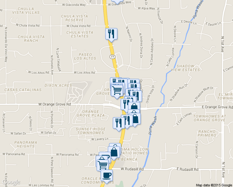 map of restaurants, bars, coffee shops, grocery stores, and more near 6585 North Oracle Road in Tucson