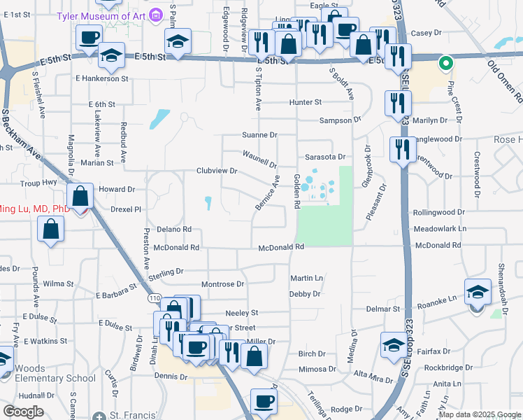 map of restaurants, bars, coffee shops, grocery stores, and more near 2128 Parkway Place in Tyler