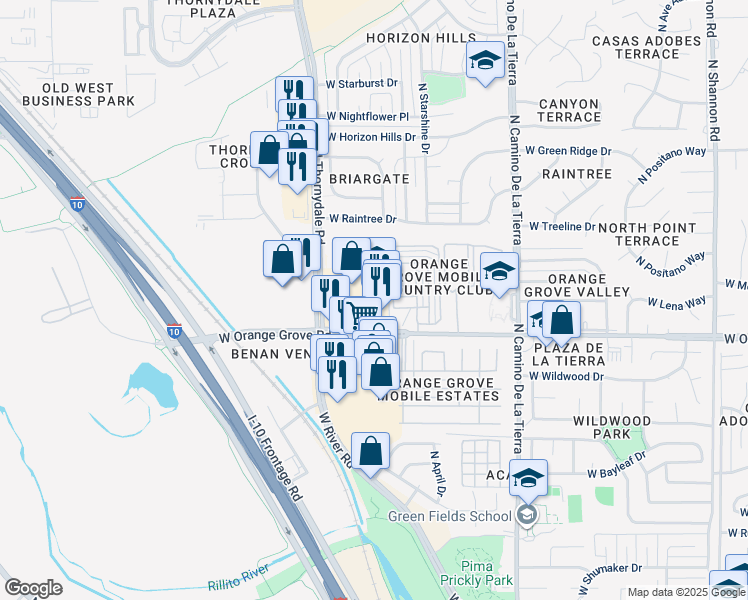 map of restaurants, bars, coffee shops, grocery stores, and more near 3686 West Orange Grove Road in Tucson