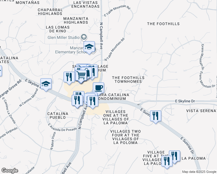 map of restaurants, bars, coffee shops, grocery stores, and more near 6520 North Campbell Avenue in Tucson