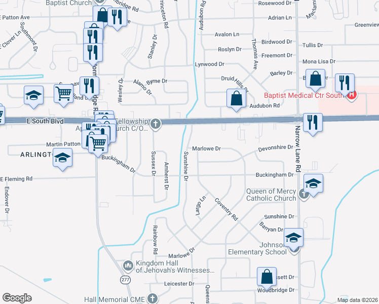 map of restaurants, bars, coffee shops, grocery stores, and more near 4226 Sunshine Drive in Montgomery