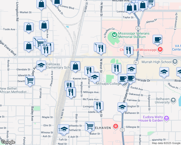map of restaurants, bars, coffee shops, grocery stores, and more near 224 Duncan Avenue in Jackson