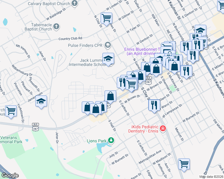 map of restaurants, bars, coffee shops, grocery stores, and more near 900 West Knox Street in Ennis