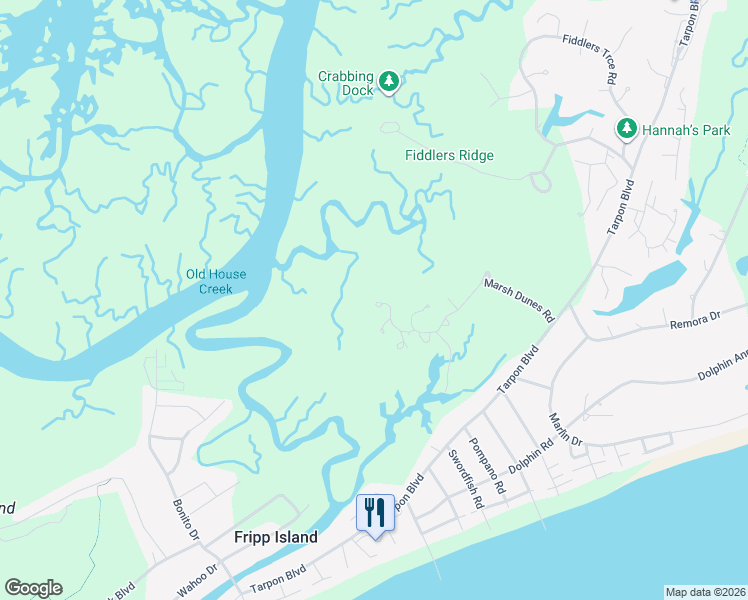 map of restaurants, bars, coffee shops, grocery stores, and more near 917 Marsh Dunes Road in Fripp Island