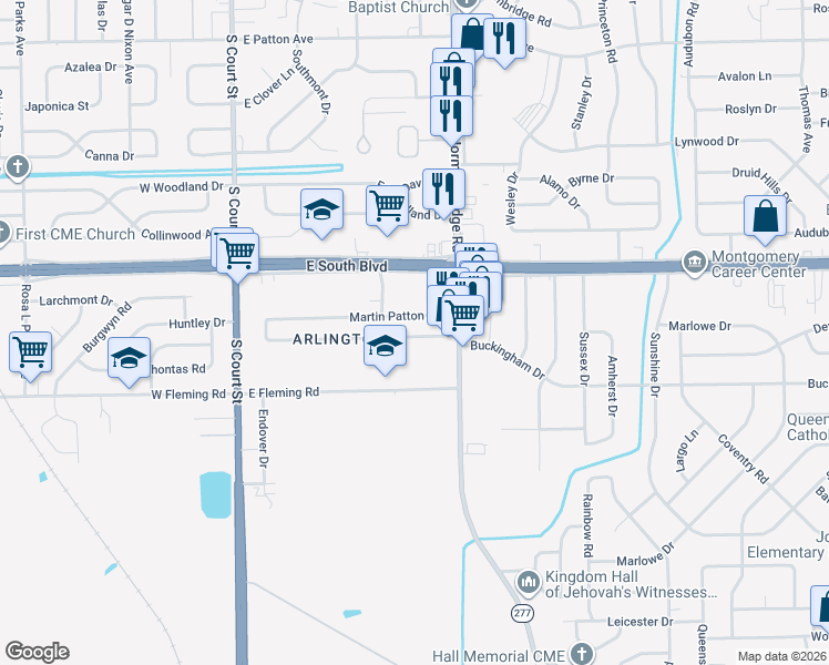 map of restaurants, bars, coffee shops, grocery stores, and more near 260-268 Martin Patton Avenue in Montgomery
