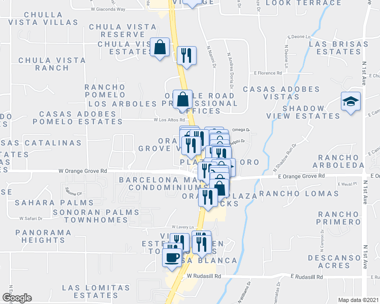 map of restaurants, bars, coffee shops, grocery stores, and more near 6453 North Oracle Road in Tucson