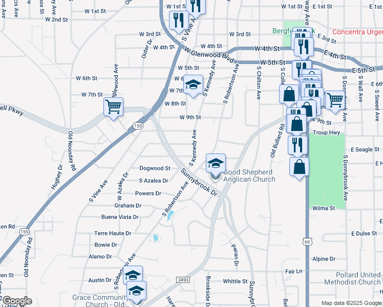 map of restaurants, bars, coffee shops, grocery stores, and more near 901 West Camellia Street in Tyler