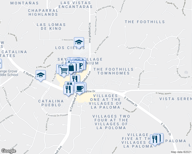 map of restaurants, bars, coffee shops, grocery stores, and more near 6520 North Campbell Avenue in Tucson
