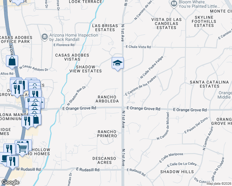 map of restaurants, bars, coffee shops, grocery stores, and more near 6544 North Shadow Bluff Drive in Tucson
