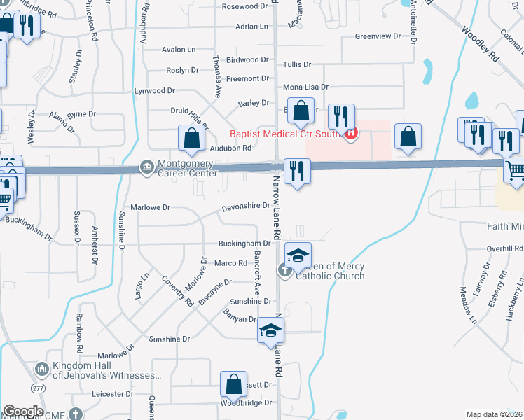 map of restaurants, bars, coffee shops, grocery stores, and more near 1383 Devonshire Drive in Montgomery