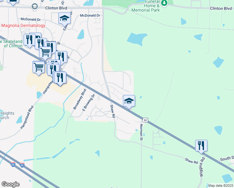 map of restaurants, bars, coffee shops, grocery stores, and more near 6017 Samantha Drive in Jackson