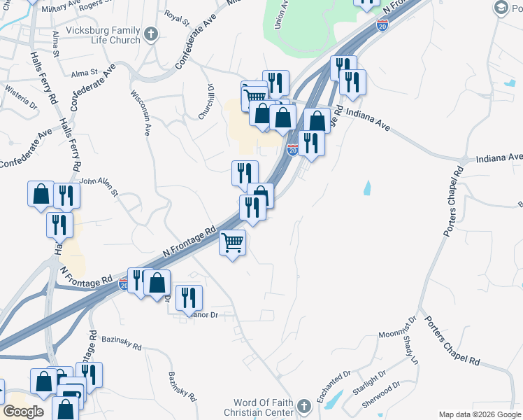 map of restaurants, bars, coffee shops, grocery stores, and more near 2299 South Frontage Road in Vicksburg