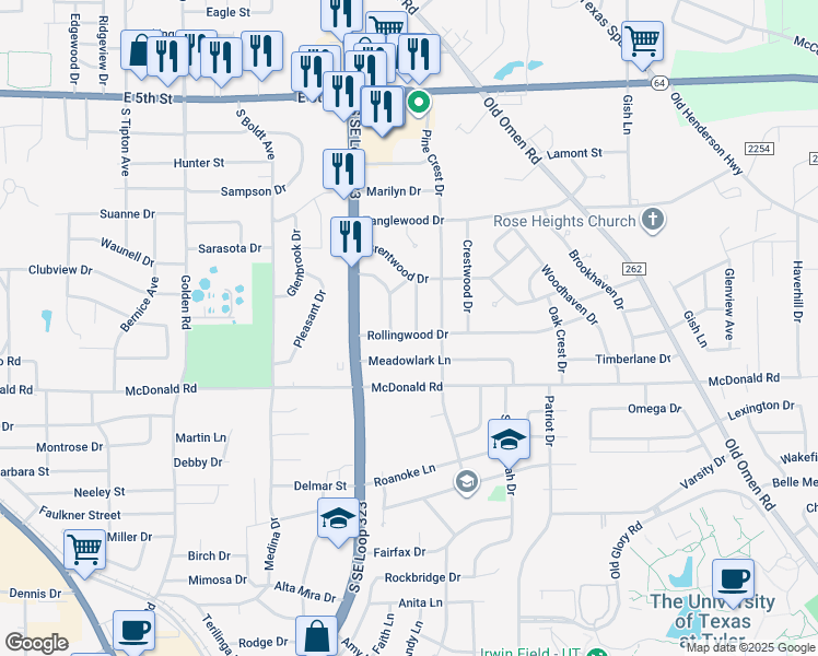map of restaurants, bars, coffee shops, grocery stores, and more near 2315 Idlewood Drive in Tyler