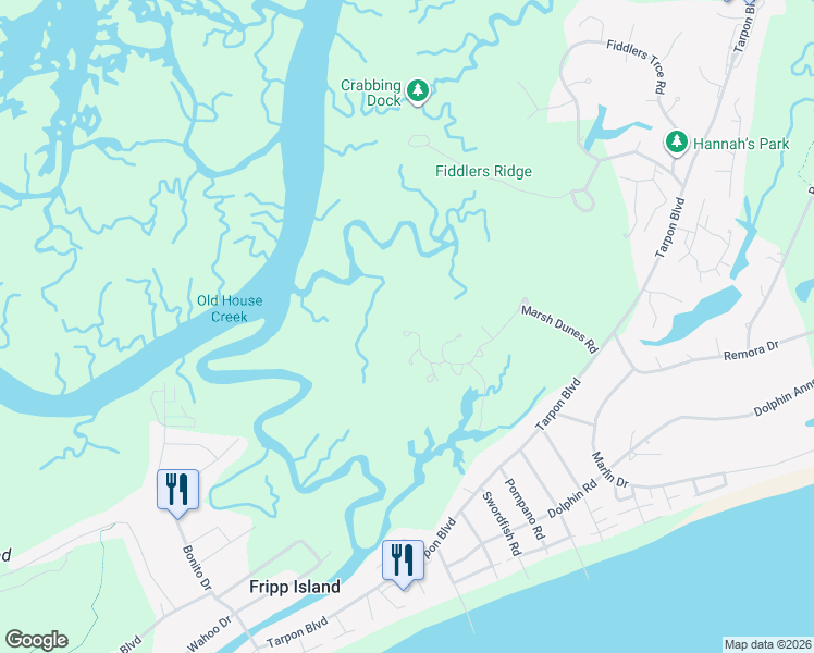 map of restaurants, bars, coffee shops, grocery stores, and more near 917 Marsh Dunes Road in Saint Helena Island