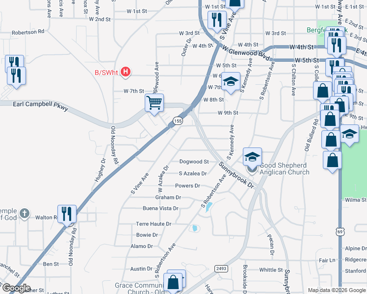 map of restaurants, bars, coffee shops, grocery stores, and more near 2317 West Azalea Drive in Tyler