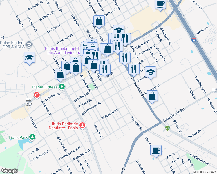 map of restaurants, bars, coffee shops, grocery stores, and more near 403 Farm to Market Road 1183 in Ennis