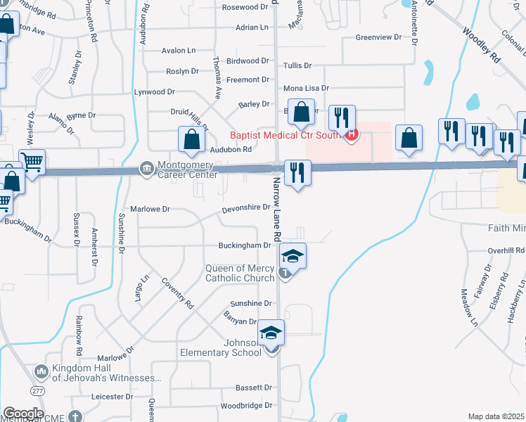 map of restaurants, bars, coffee shops, grocery stores, and more near 1383 Devonshire Drive in Montgomery