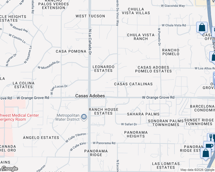 map of restaurants, bars, coffee shops, grocery stores, and more near 1280 West Appian Place in Tucson