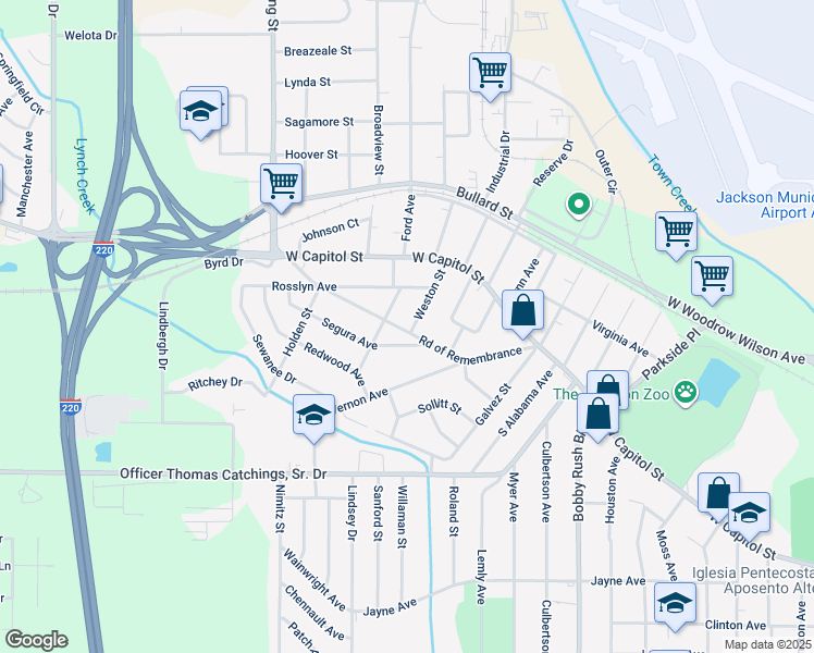 map of restaurants, bars, coffee shops, grocery stores, and more near 255 Weston Street in Jackson
