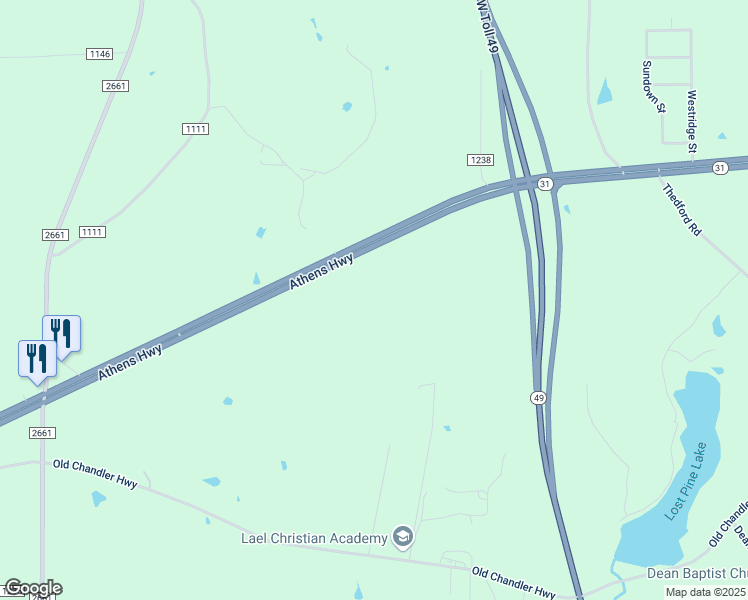 map of restaurants, bars, coffee shops, grocery stores, and more near 15535 State Highway 31 West in Tyler