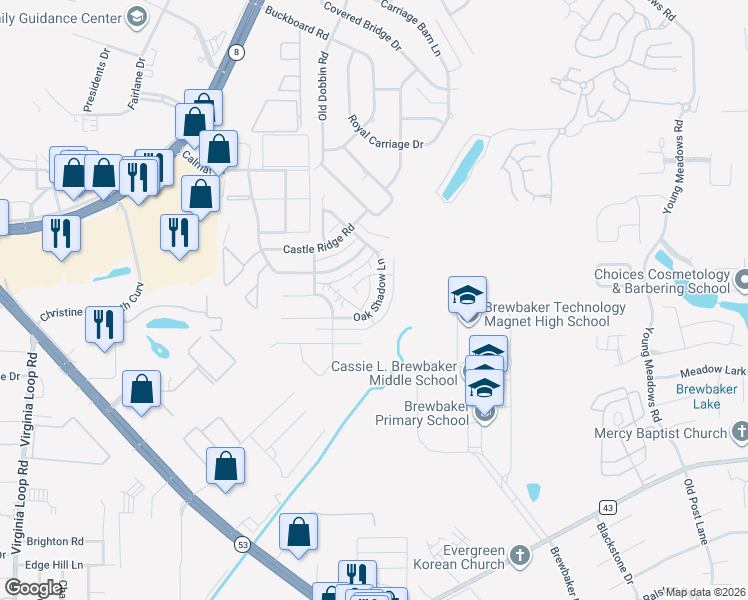 map of restaurants, bars, coffee shops, grocery stores, and more near 3609 Oak Shadow Lane in Montgomery