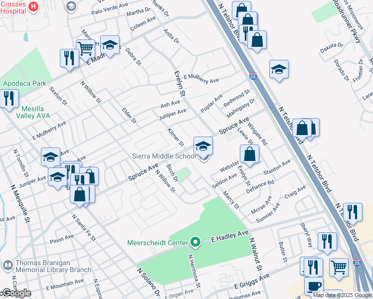 map of restaurants, bars, coffee shops, grocery stores, and more near 1717 Spruce Avenue in Las Cruces