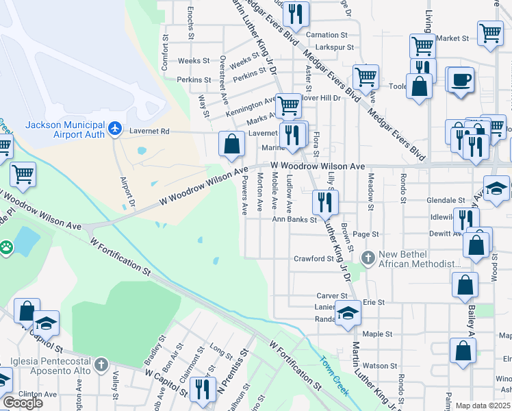 map of restaurants, bars, coffee shops, grocery stores, and more near 2225 Morton Avenue in Jackson