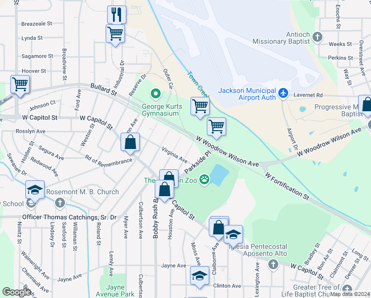 map of restaurants, bars, coffee shops, grocery stores, and more near 227 Texas Avenue in Jackson