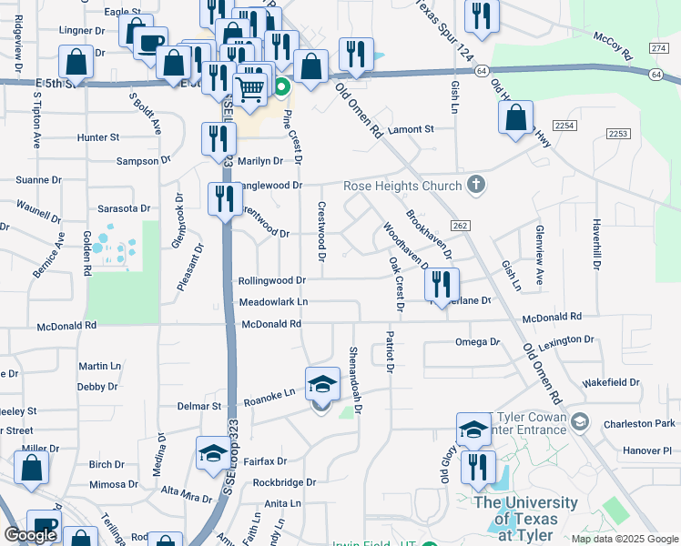 map of restaurants, bars, coffee shops, grocery stores, and more near 3019 Mistletoe Circle in Tyler
