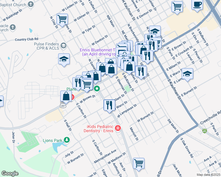 map of restaurants, bars, coffee shops, grocery stores, and more near 409 West Brown Street in Ennis