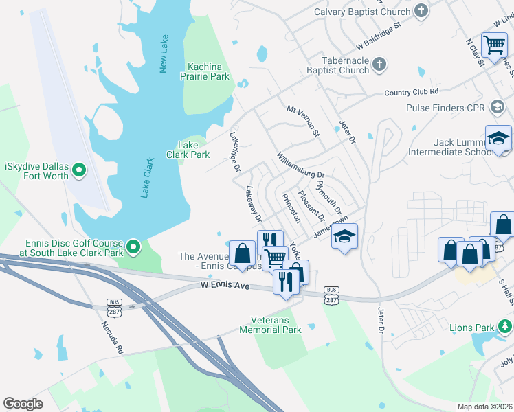 map of restaurants, bars, coffee shops, grocery stores, and more near 1002 Lakeway Drive in Ennis
