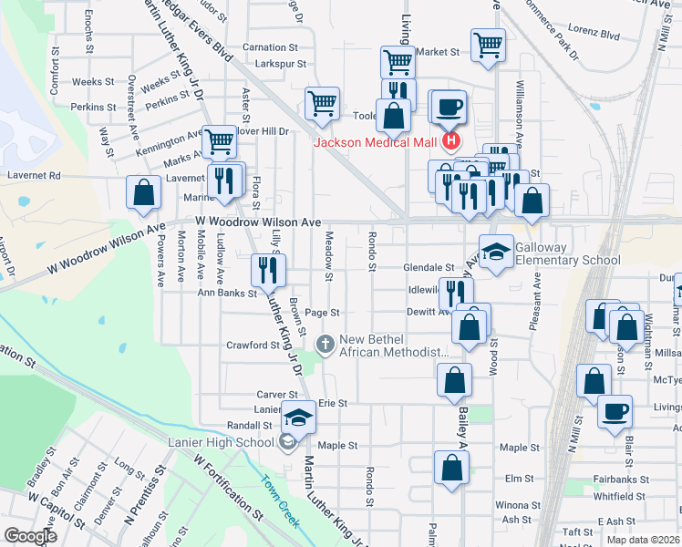 map of restaurants, bars, coffee shops, grocery stores, and more near 603 Spring Avenue in Jackson