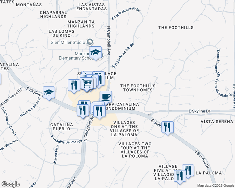 map of restaurants, bars, coffee shops, grocery stores, and more near 6520 North Campbell Avenue in Tucson