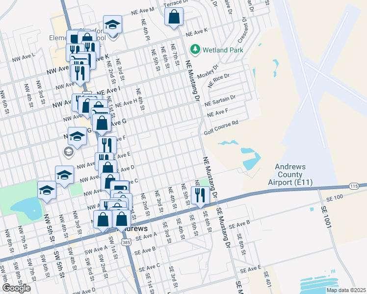 map of restaurants, bars, coffee shops, grocery stores, and more near 604 Northeast Avenue East in Andrews
