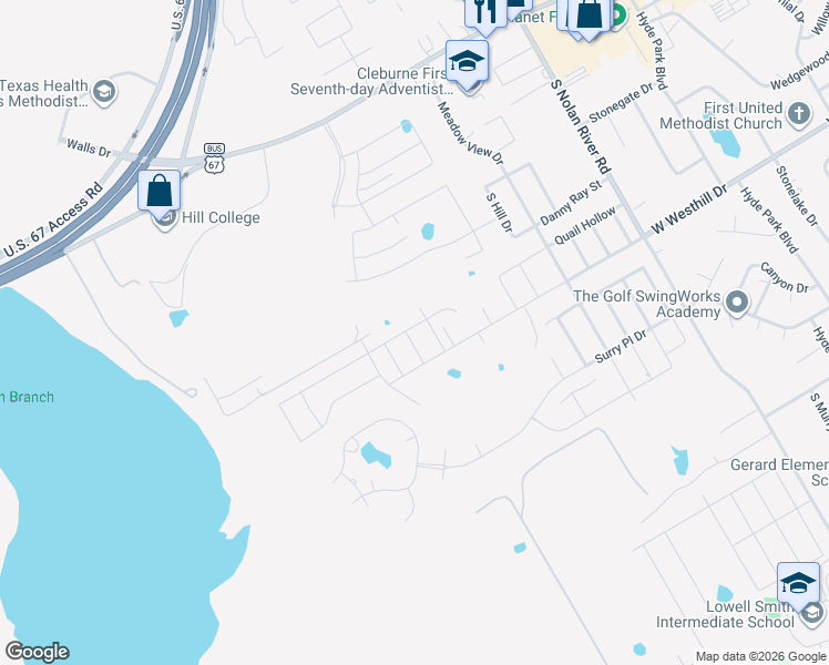 map of restaurants, bars, coffee shops, grocery stores, and more near Unnamed Road in Cleburne