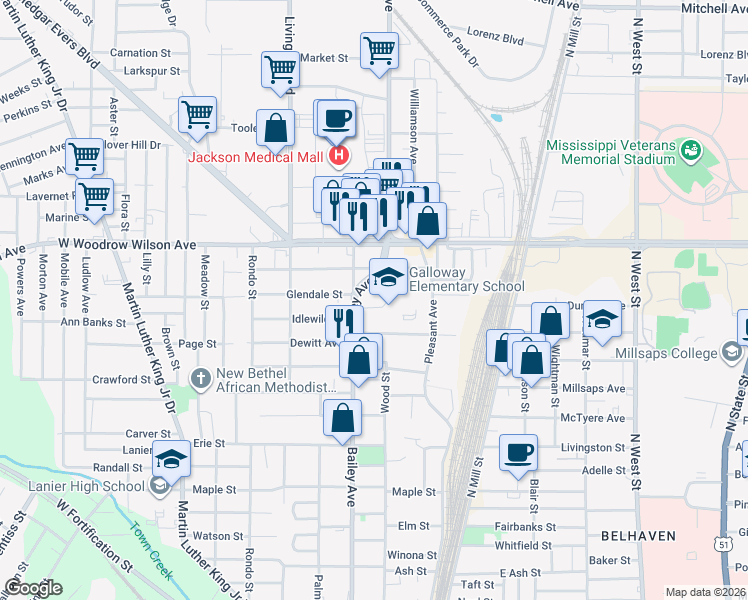 map of restaurants, bars, coffee shops, grocery stores, and more near 186 Idlewild Street in Jackson