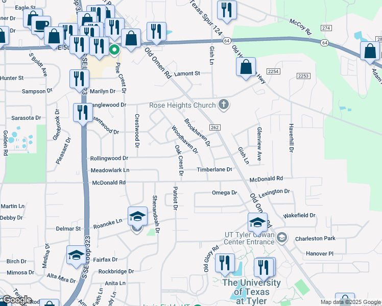 map of restaurants, bars, coffee shops, grocery stores, and more near 3139 Rollingwood Drive in Tyler