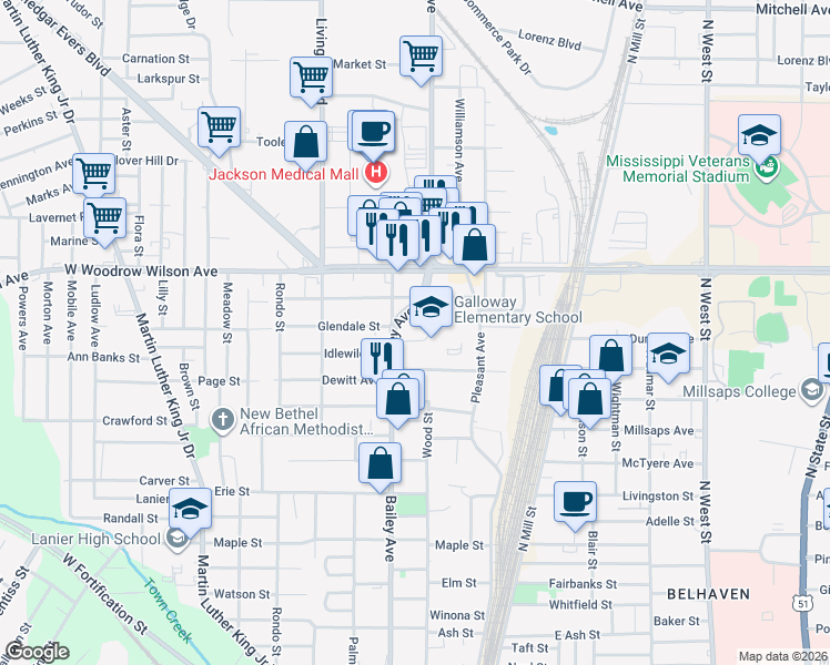 map of restaurants, bars, coffee shops, grocery stores, and more near 186 Idlewild Street in Jackson