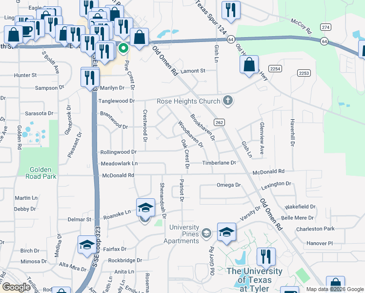 map of restaurants, bars, coffee shops, grocery stores, and more near 3116 Rollingwood Drive in Tyler