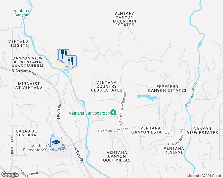 map of restaurants, bars, coffee shops, grocery stores, and more near 6401 North Desert Wind Circle in Tucson