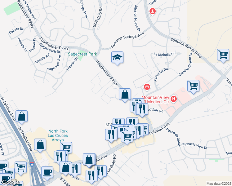 map of restaurants, bars, coffee shops, grocery stores, and more near 151 Roadrunner Parkway in Las Cruces