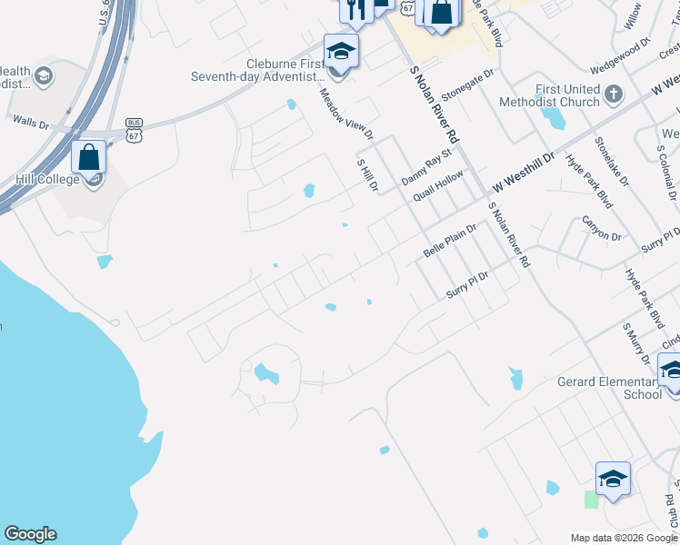 map of restaurants, bars, coffee shops, grocery stores, and more near 702 Canyon Lake Court in Cleburne
